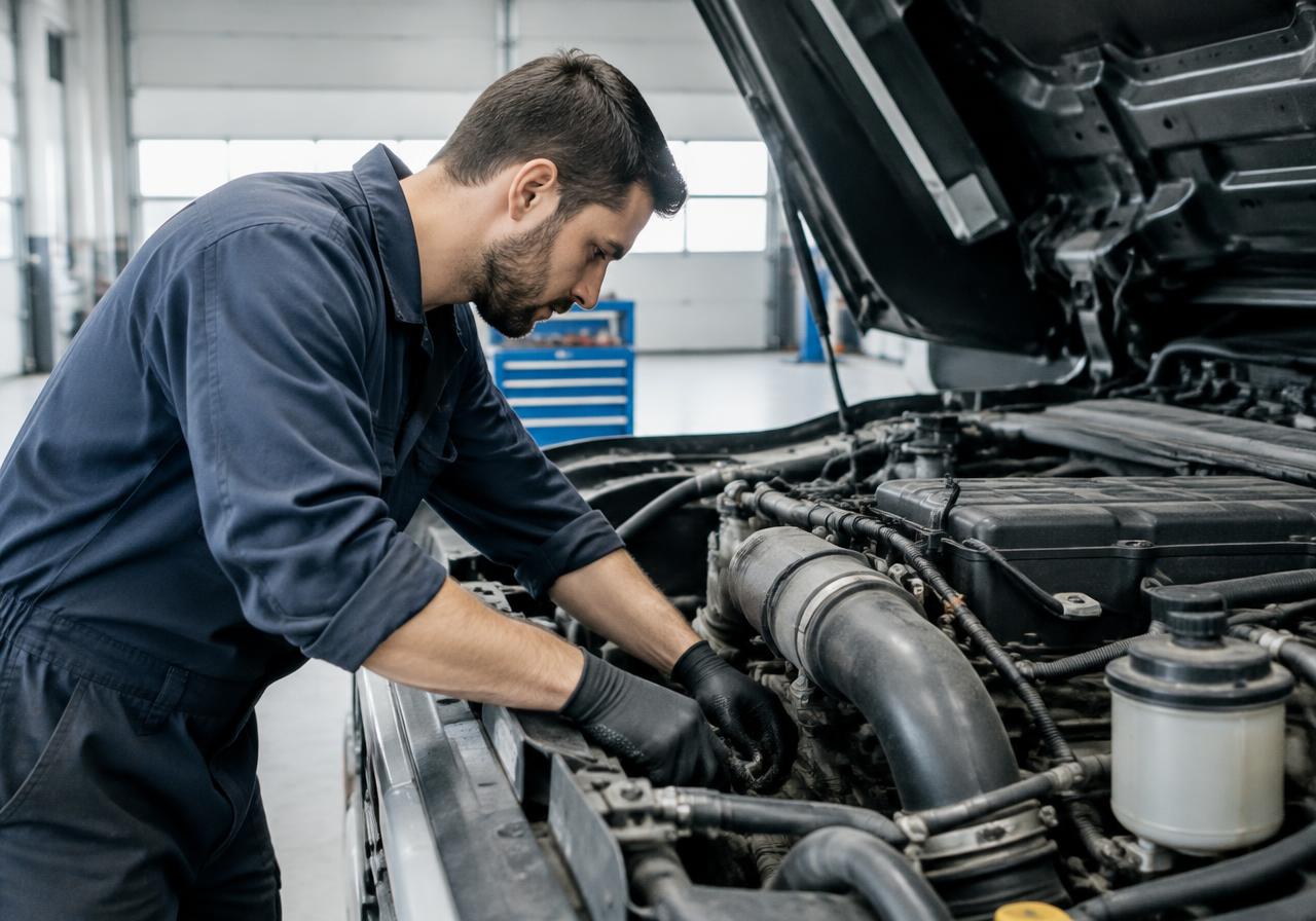 Mecânico inspecionando motor diesel